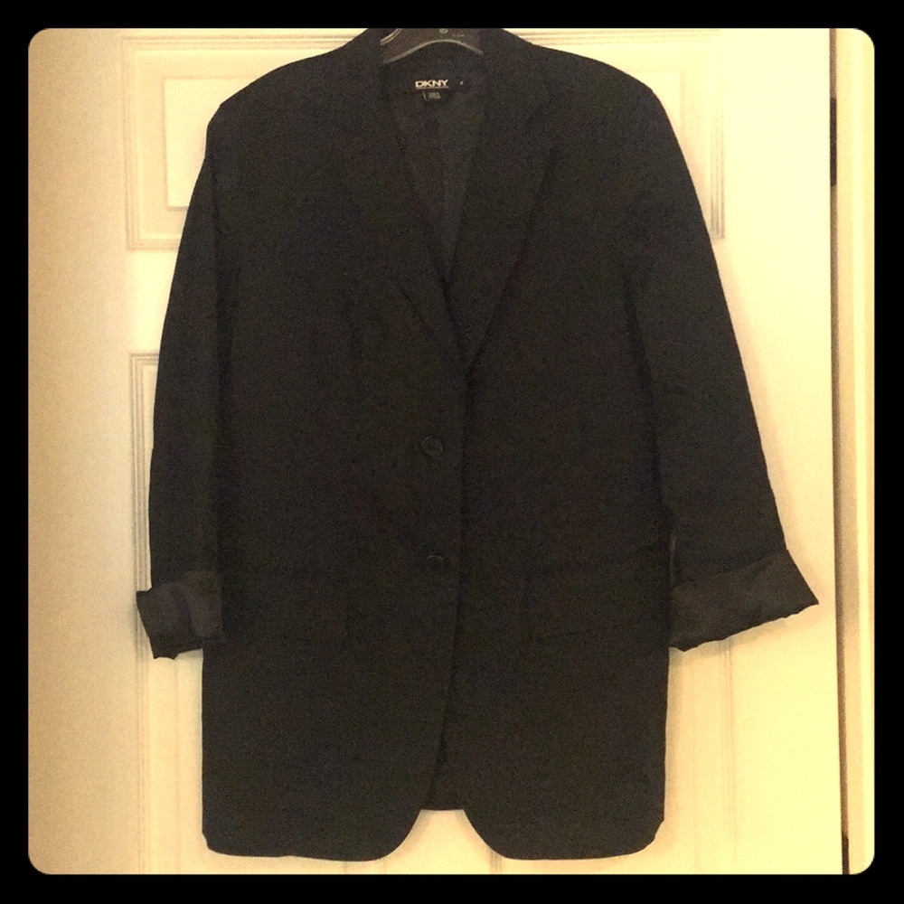 Never worn! Black, rayon, long 80s-style blazer